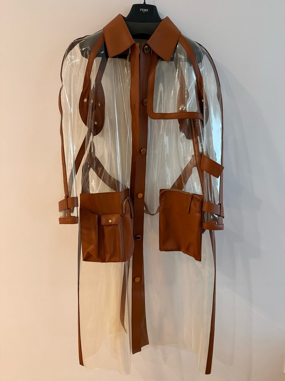 Fendi Transparent Raincoat-Style Trench with Brown Leather Trim, Belt & Pockets